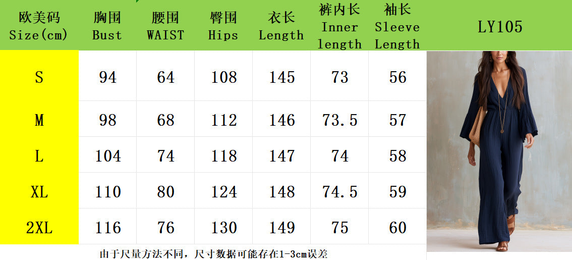 Jumpsuit size chart with size, bust, waist, hips, and length measurements