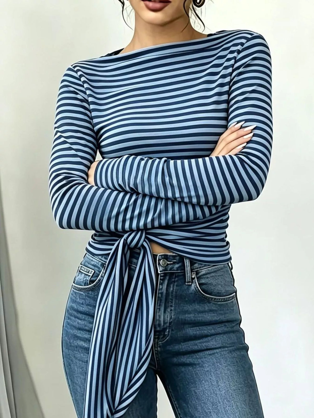 Striped Long Sleeve Tie Front T Shirt - Boat Neck Fit