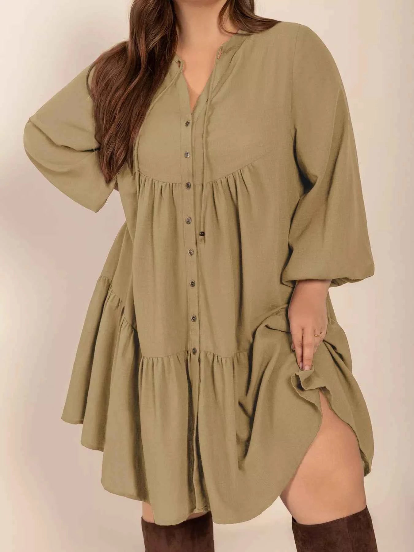 Plus Size Tie Neck Balloon Sleeve Dress