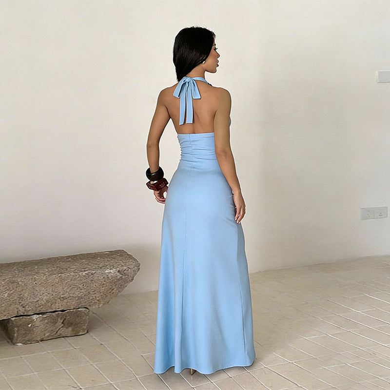 Women’s halter-neck slit dress, light blue, open back with tie halter, long skirt