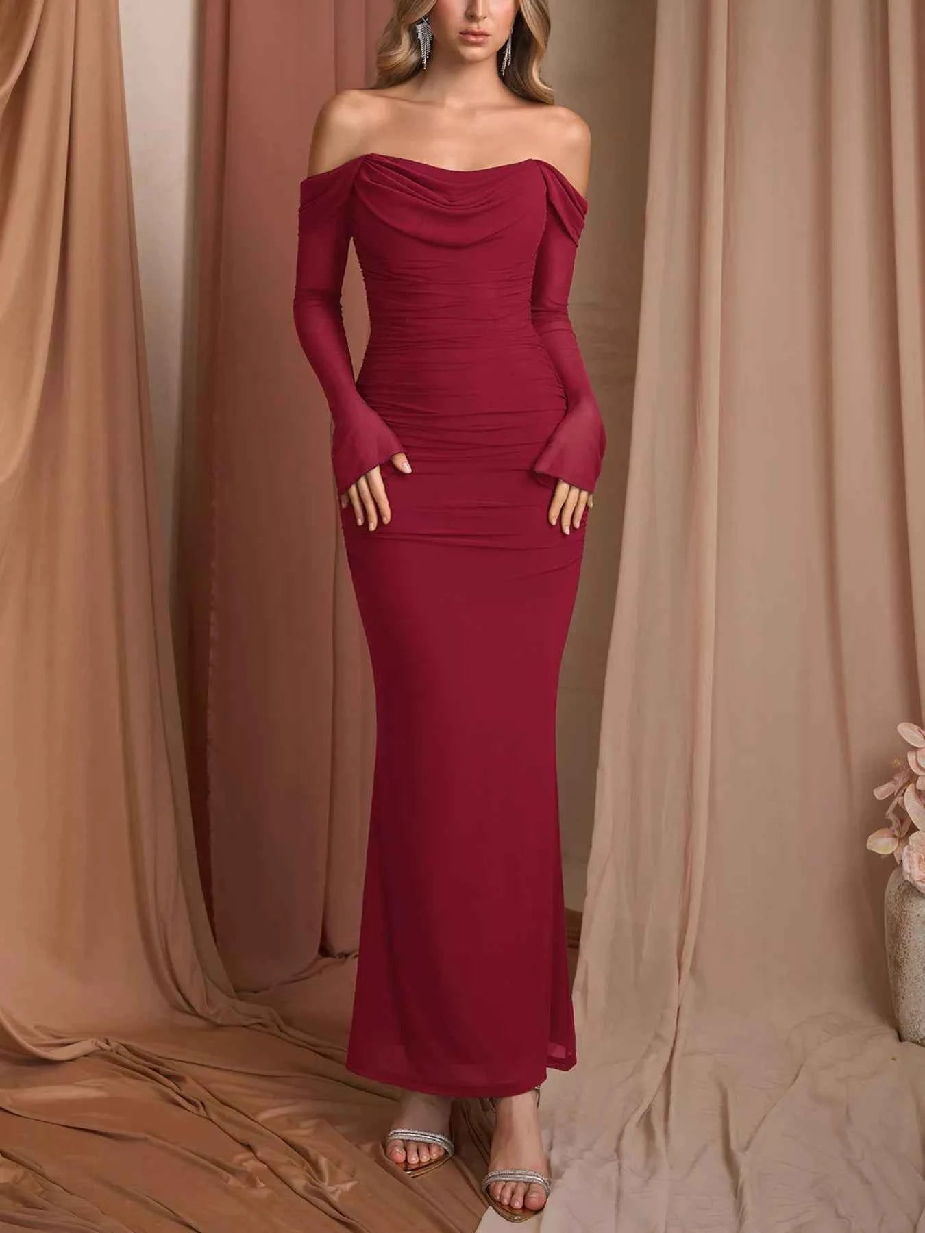 Off-Shoulder Ruched Mermaid Maxi Dress