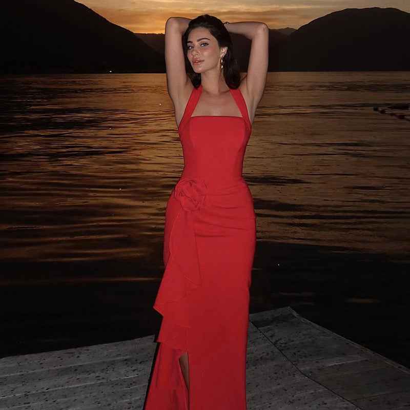Elegant Three-dimensional Flower Maxi Dress - Sleeveless Halter