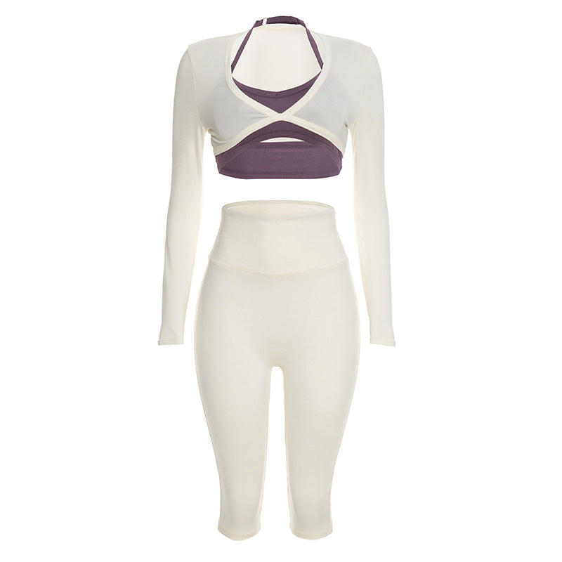 Three-Piece Capri Activewear Set - V-Neck Top and Halter Bra