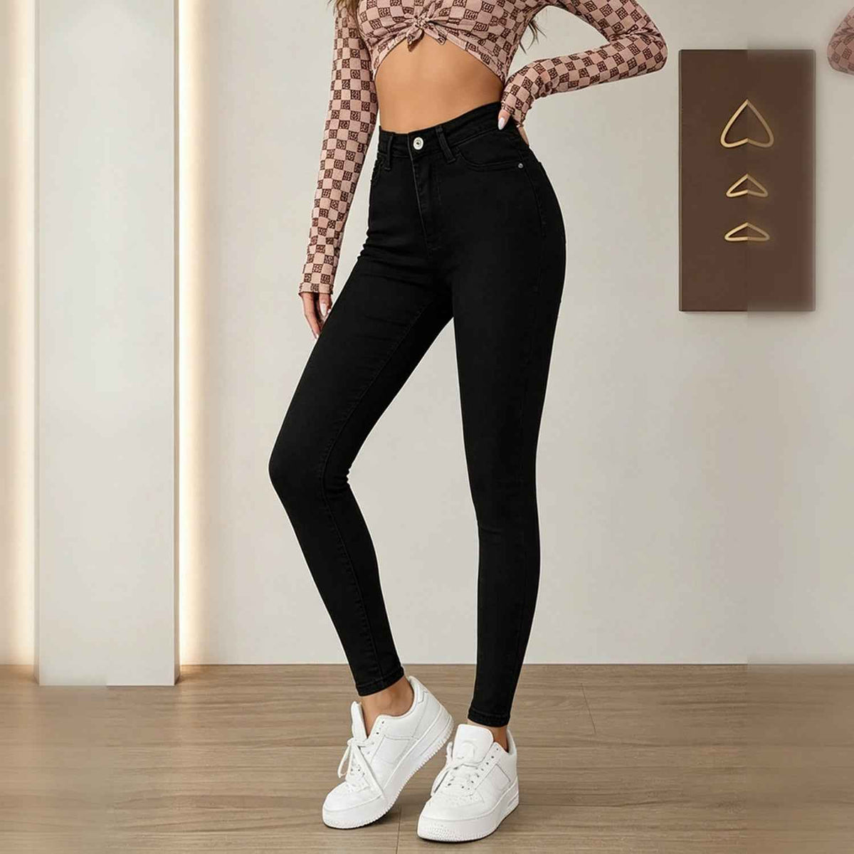 Black High-Rise Skinny Jeans - Ankle Cut and Pocket Detail