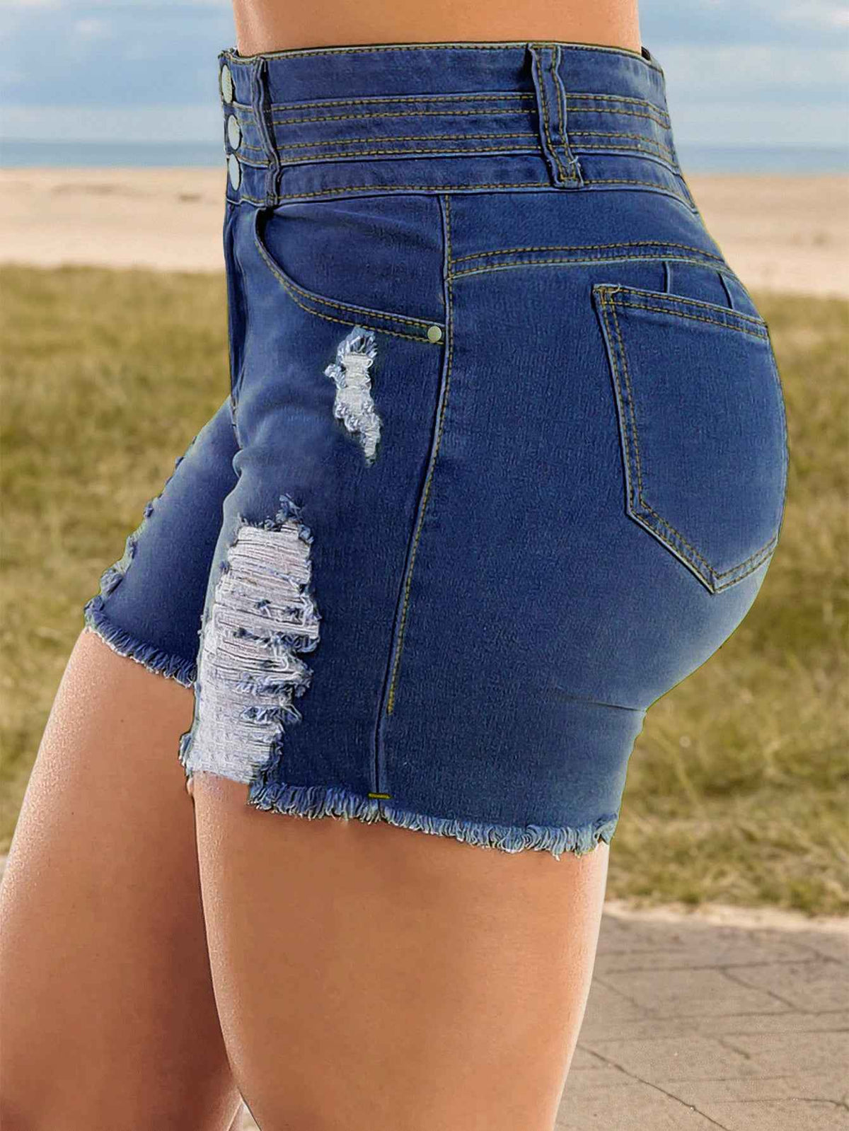 Dark Blue Ripped Shorts - Triple Button High-Rise Frayed Denim