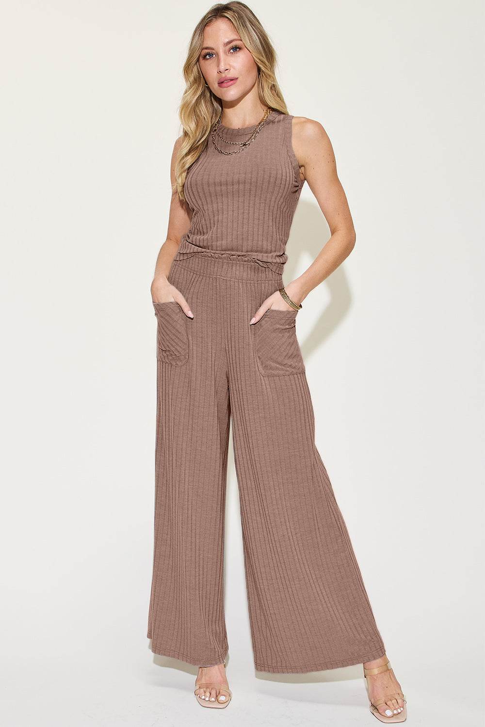Basic Bae Full Size Ribbed Tank and Wide Leg Pants Set - Fashions Envy