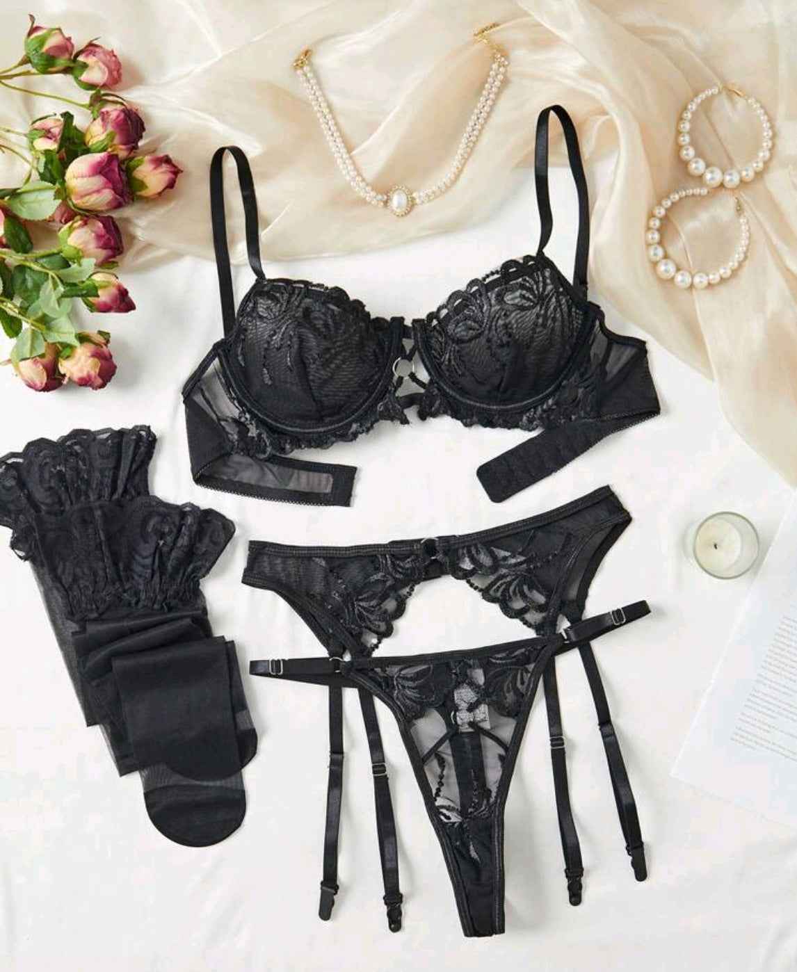 Mesh Embroidery Garter Belt Stocking Lingerie Set - 4-piece With Underwire