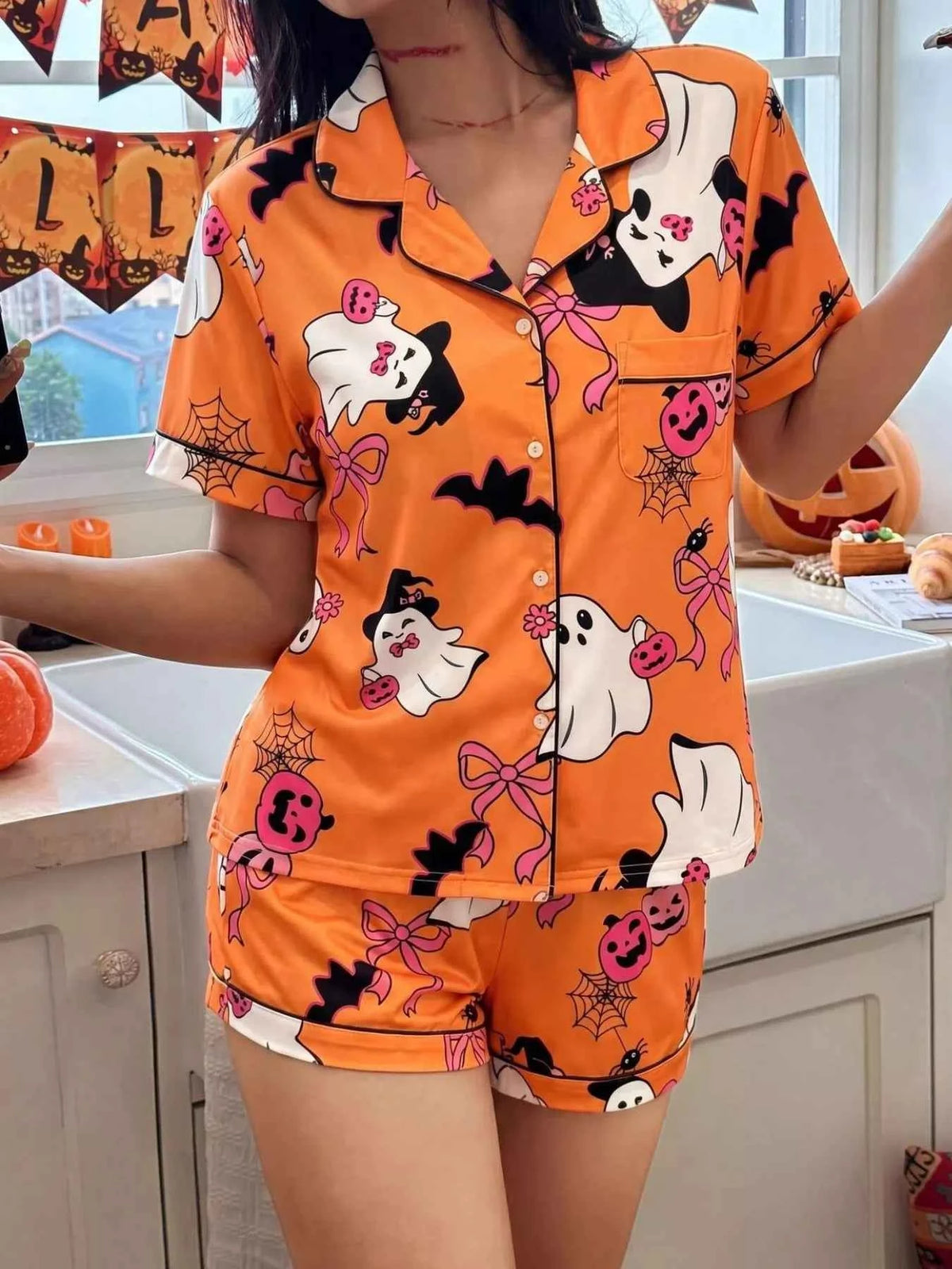 Ghost Print Lounge Set - Button-Down Top and Shorts Halloween