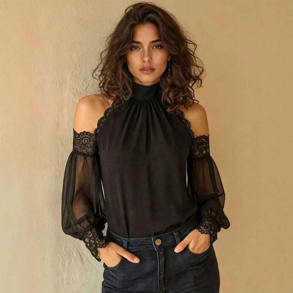 Lace-Trim Cold-Shoulder Blouse - Sheer Balloon Sleeves
