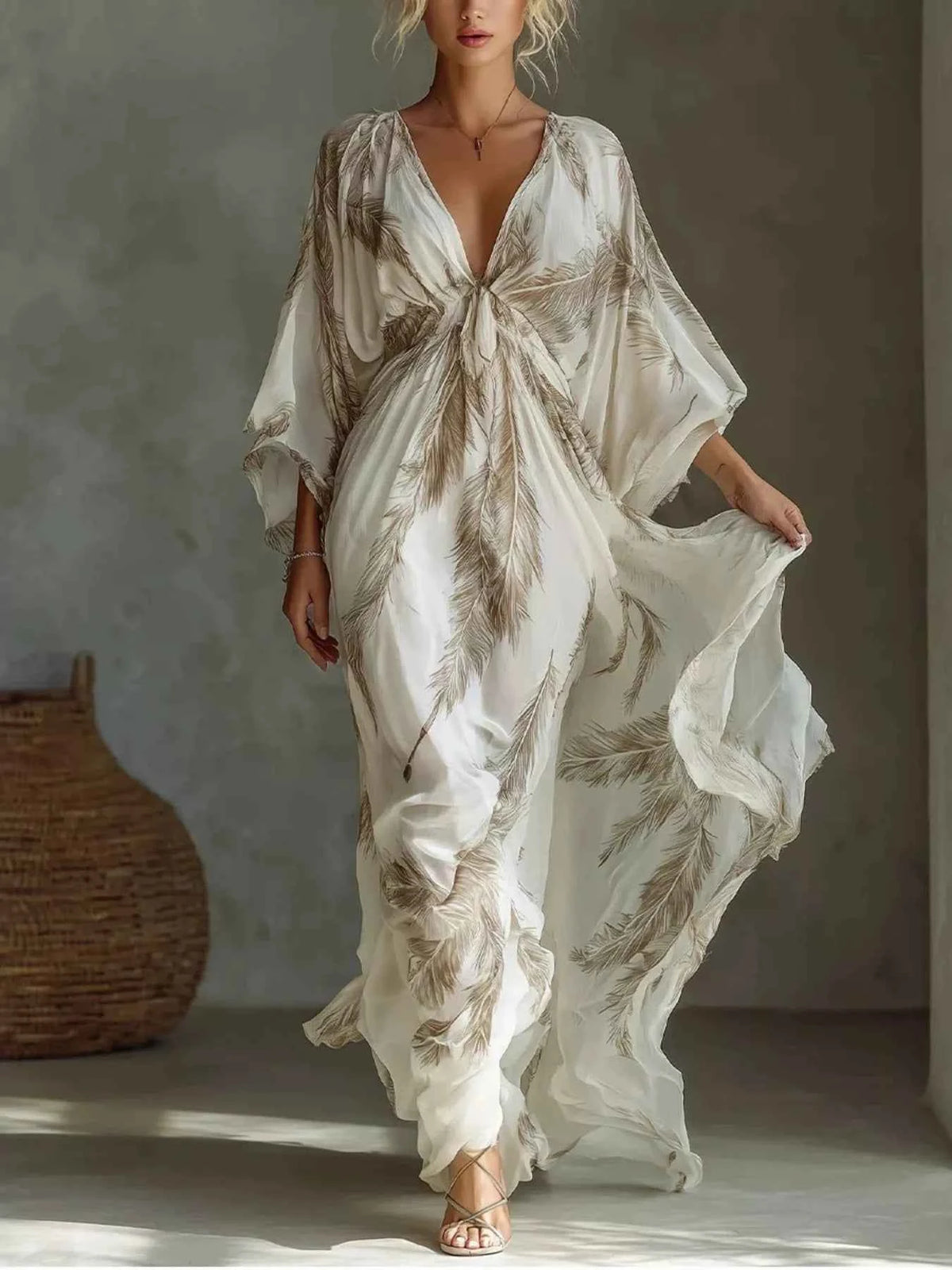 Feather Print Tie Front Maxi Dress - Flowing Sleeve Detail