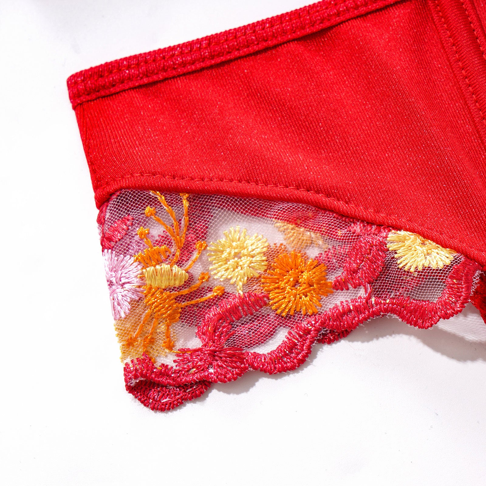 Red Embroidered Lingerie Set - Underwire Bra Garter Belt Thong
