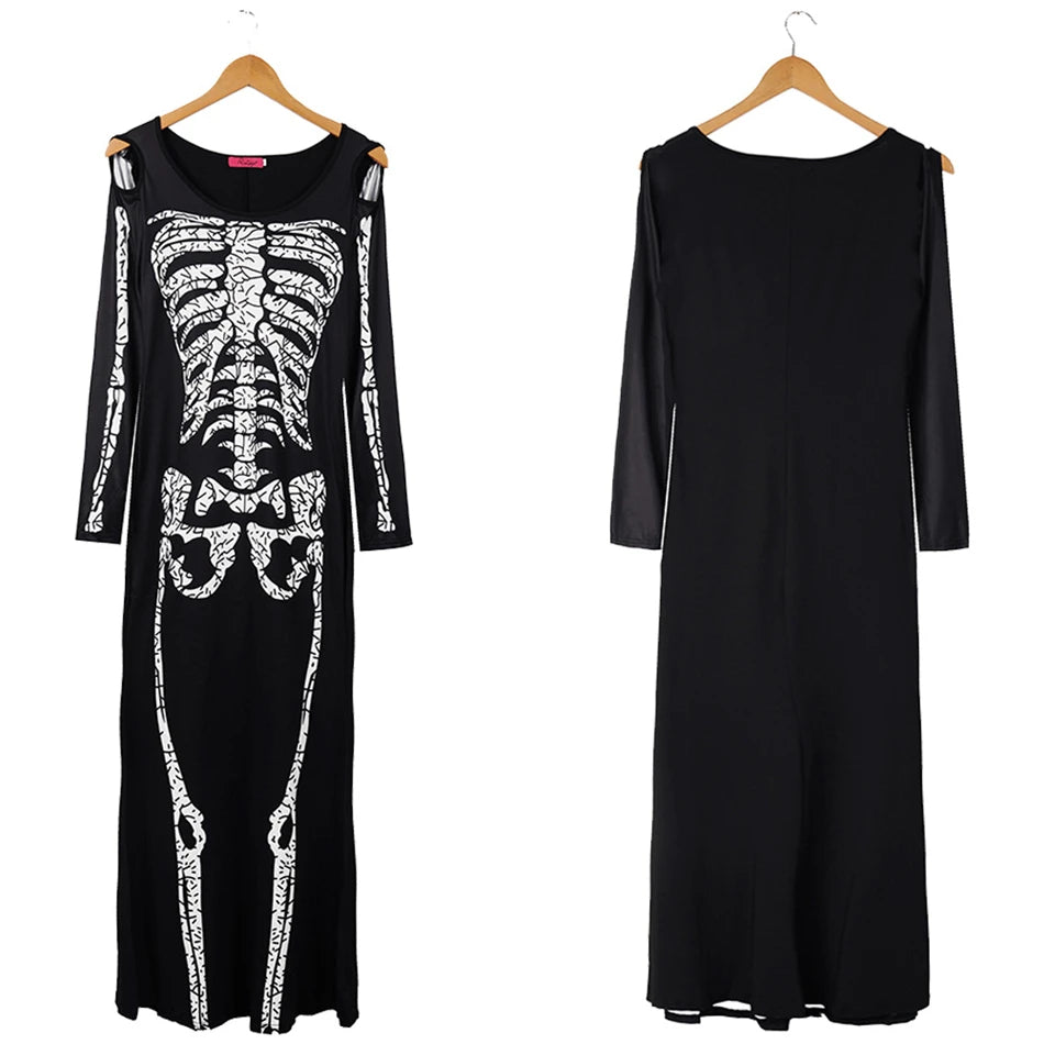 Black Skeleton Print Maxi Dress - Cold Shoulder Gown