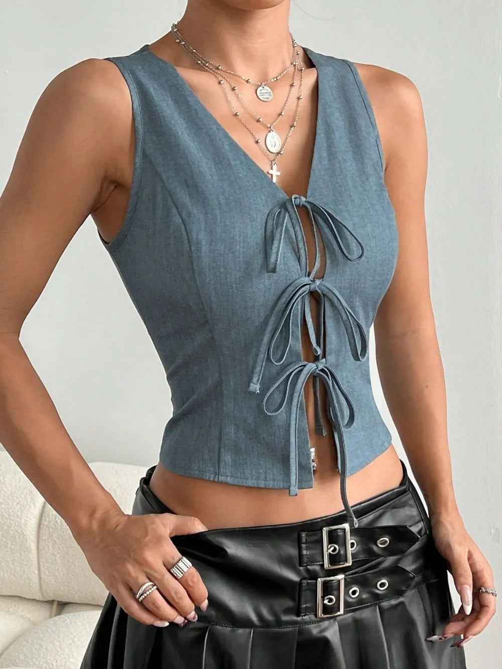 Blue Lace-Up Bow Crop Top - Deep V Tie-Front Sleeveless Tank