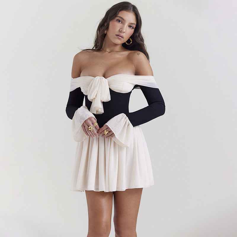 Off-Shoulder Two-Tone Mini Dress - Draped Bow and Flared Skirt