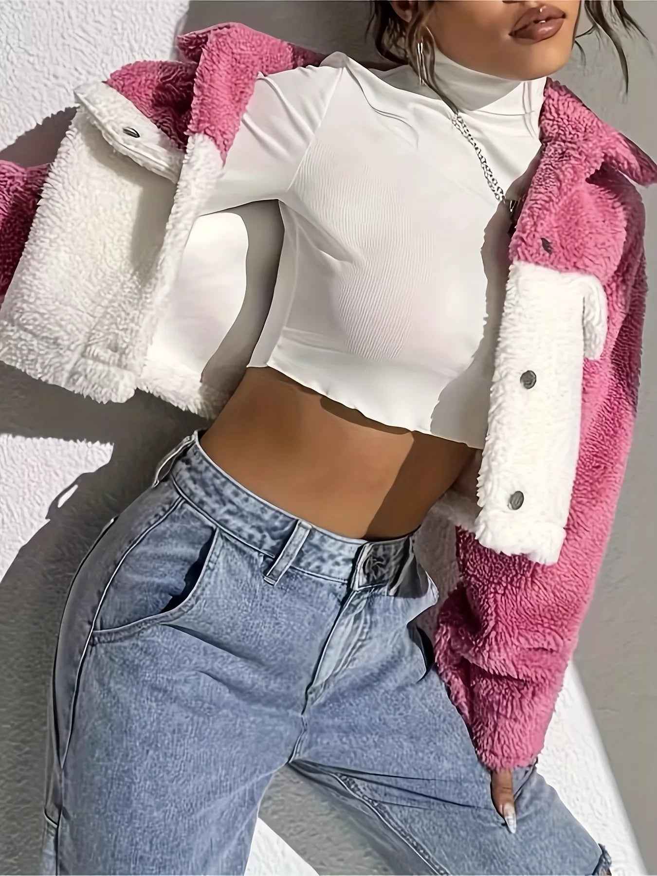 Two-Tone Plush Cropped Jacket - Cozy Button-Up Style - Fashions Envy