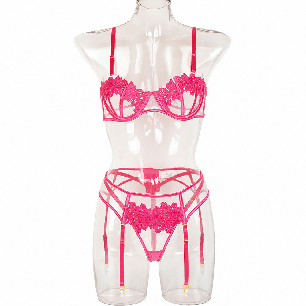 Lace Lingerie Set - Three Piece Hollow Lace Bra Set