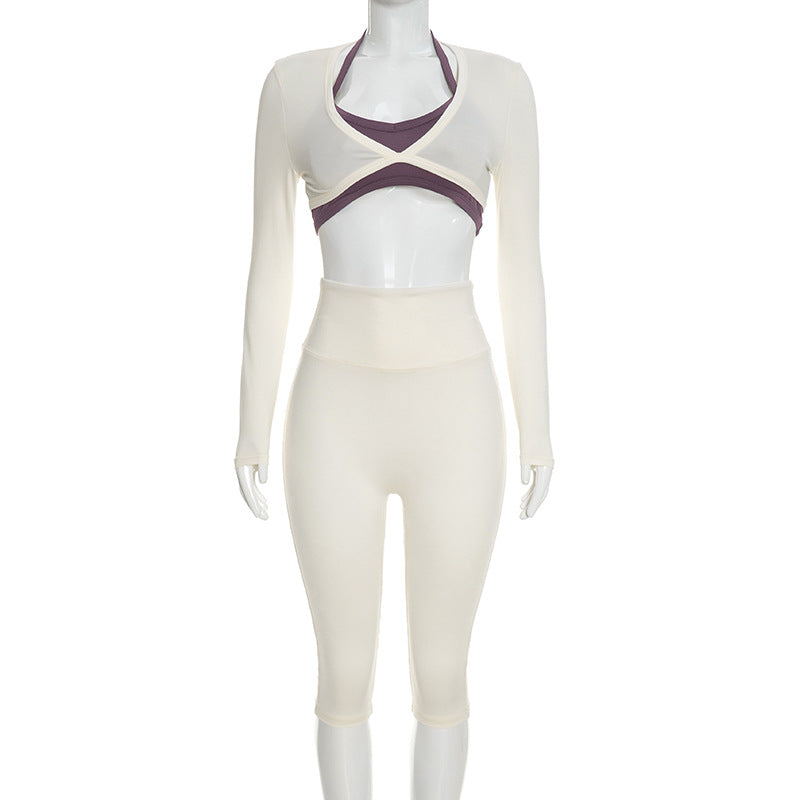Three-Piece Capri Activewear Set - V-Neck Top and Halter Bra
