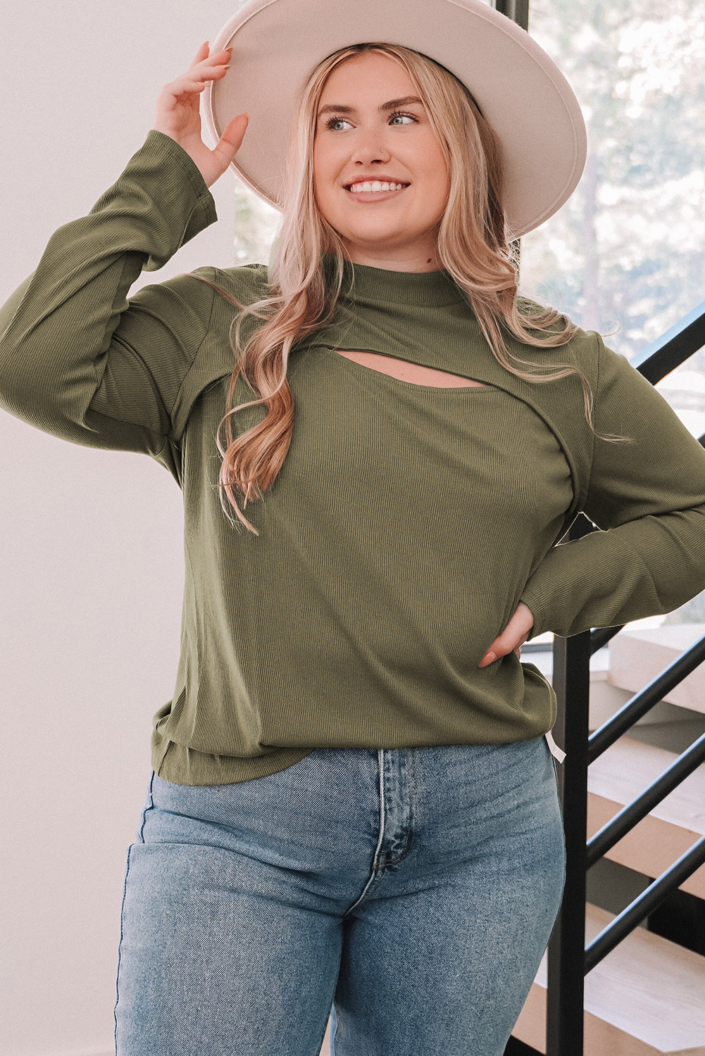 Green Plus Size Ribbed Mock Neck Peek-A-Boo Cut Out Top