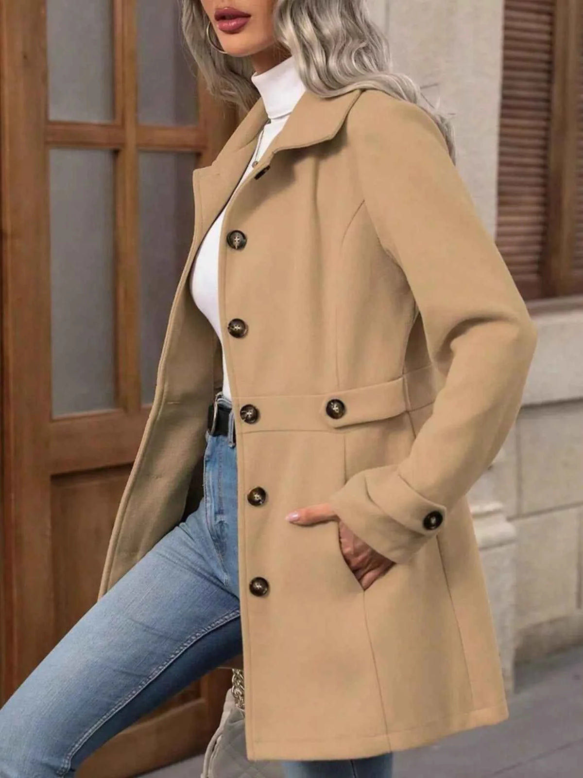 Single Breasted Lapel Coat - Button Front Waist Tabs