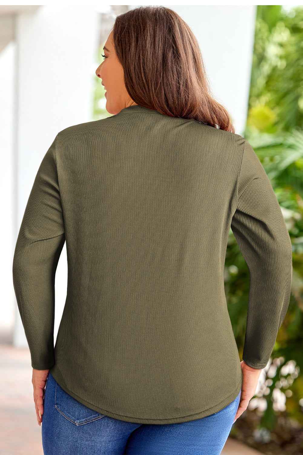 Olive Ribbed Plus Size Top - Mock Neck Cutout Detail