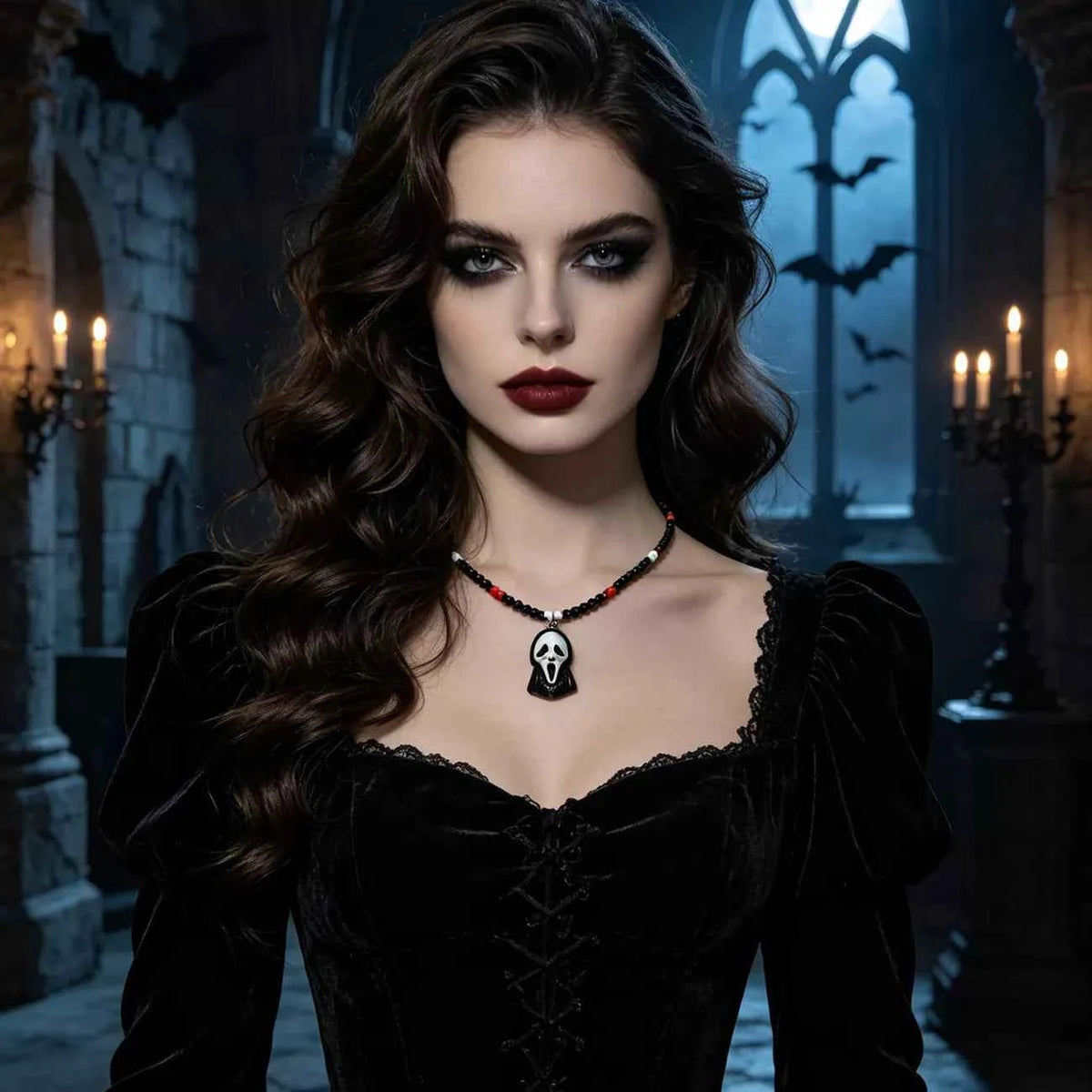 Black Scream Mask Beaded Necklace - Gothic Pendant