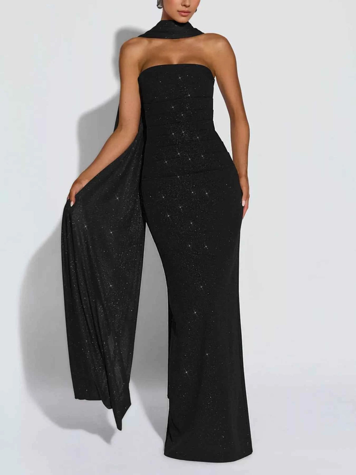 Black Glitter Tube Top Palazzo Set - Strapless Wide Leg Scarf Outfit