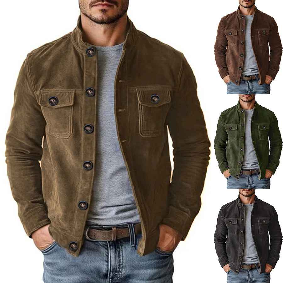 Men's Faux Suede Jacket - Button Front Chest Pockets