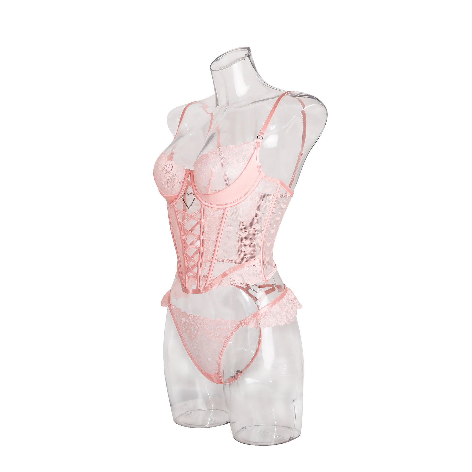 Lace Pink Lingerie Set - Heart Ring Corset and Thong