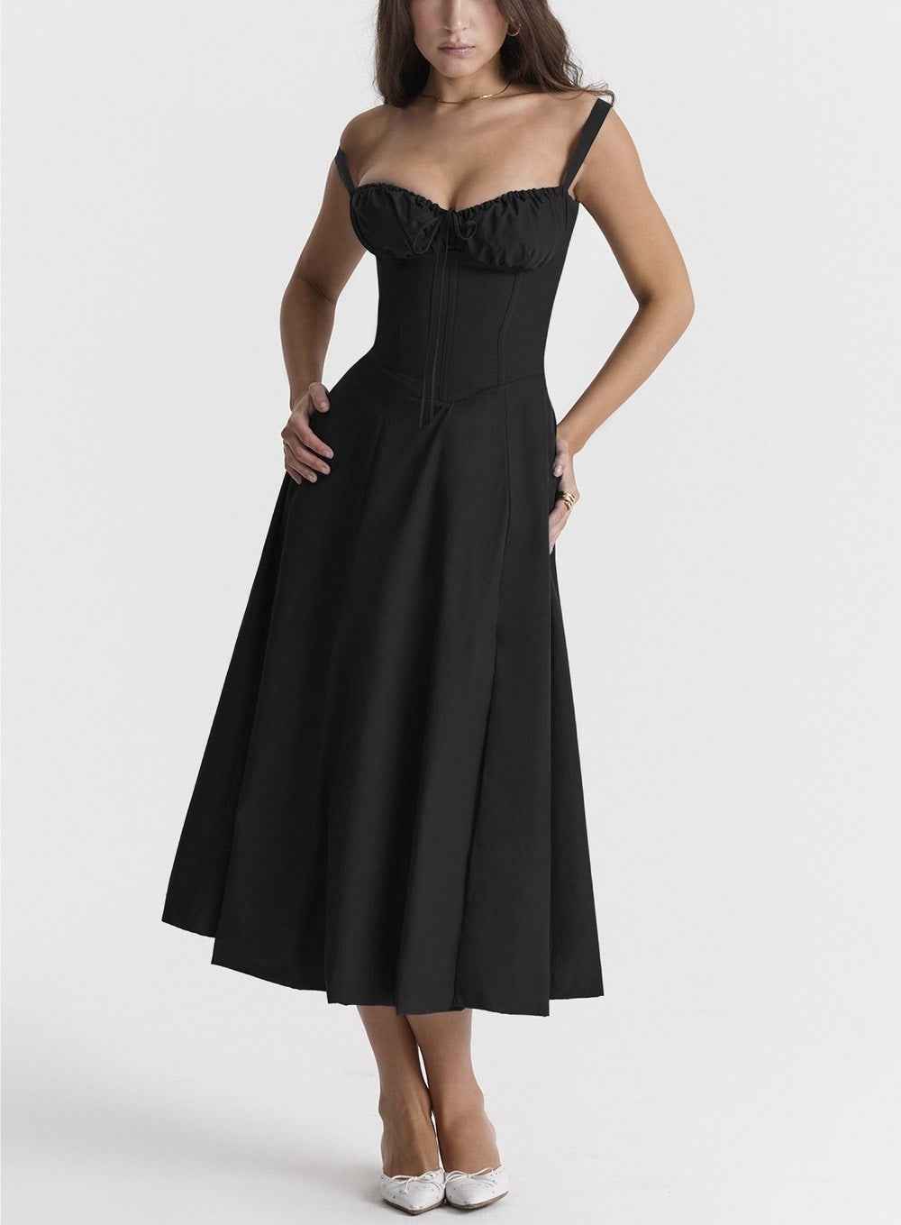 Corset Lace-Up Back Midi Dress - Wide Strap Side Slit