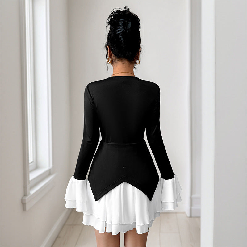 Elegant Color Block Long Sleeve Pleated Ruffle Trim Mini Dress