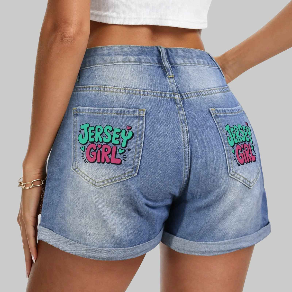 Light Wash Jersey Girl Denim Shorts - Graphic Pocket Print