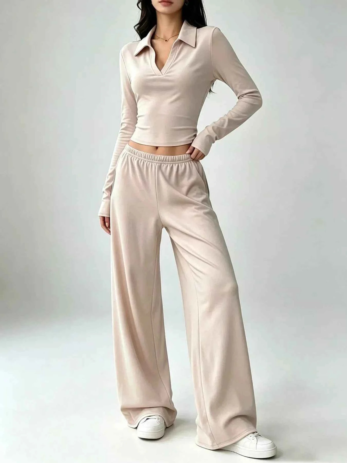 Long Sleeve Polo Wide Leg Set - Cropped Top Relaxed Pants