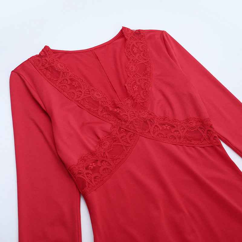 Lace Patchwork Maxi Dress - Red Long Sleeve Bodycon