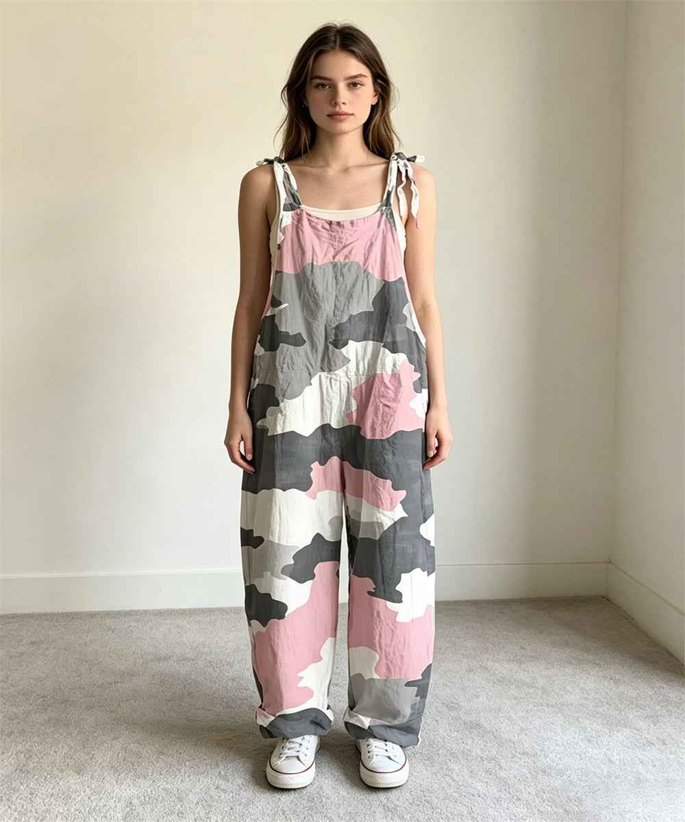 Tie-Shoulder Wide-Leg Jumpsuit - Relaxed Printed Overalls