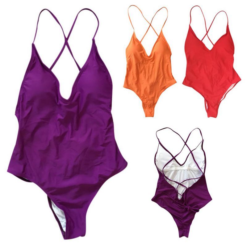 Open Back One-Piece Swimsuit - Solid Color Sexy Design