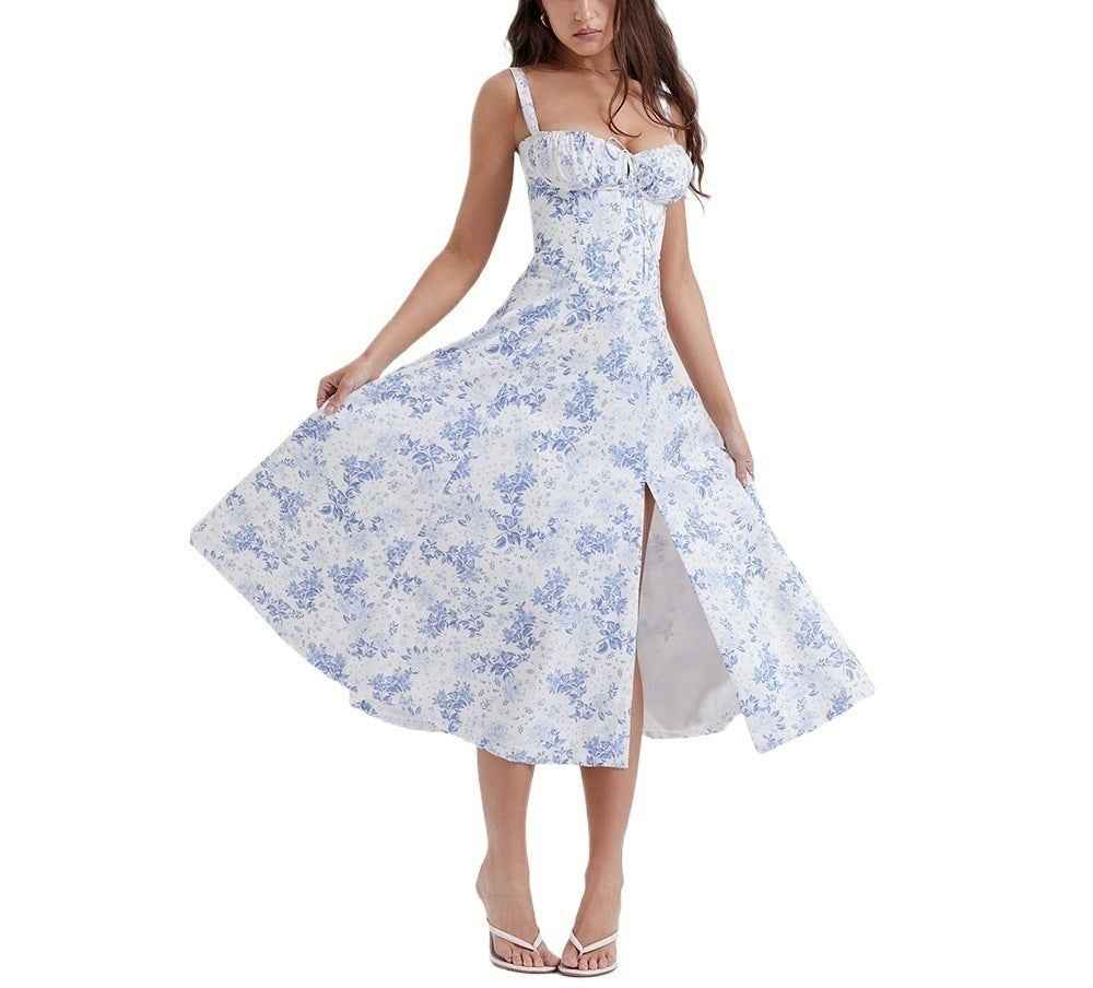 Corset Lace-Up Back Midi Dress - Wide Strap Side Slit