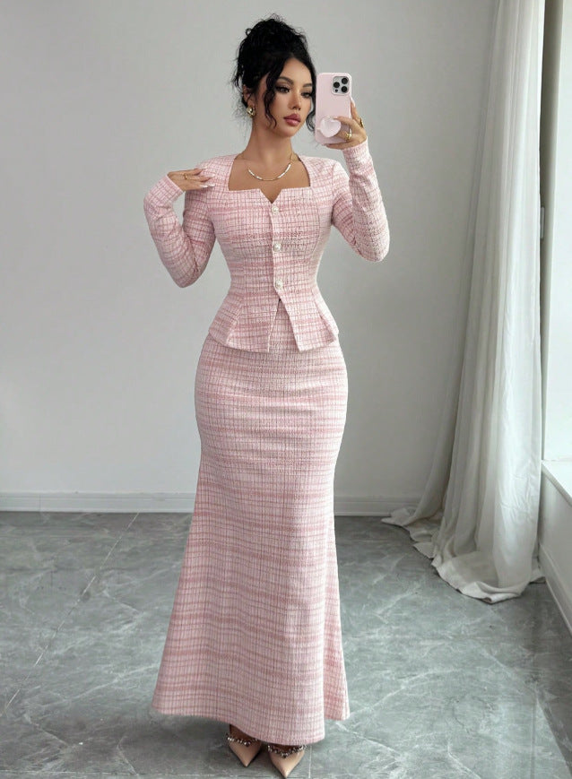 Pink plaid long-sleeve peplum top with button front and matching maxi skirt