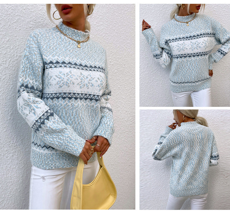 Christmas Snowflake Knit Sweater - Mock Neck and Ribbed Trim