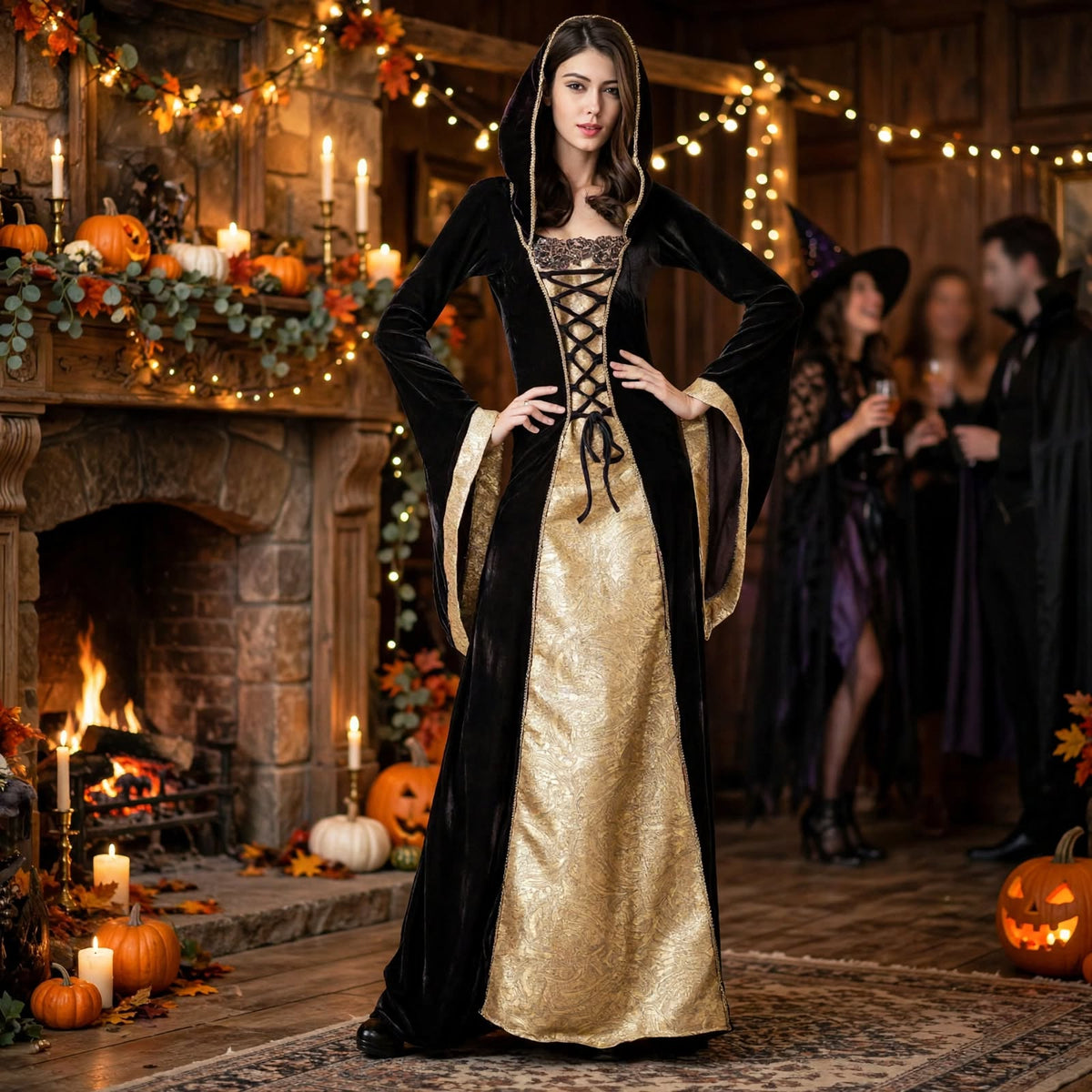 Halloween Medieval Costume Dress - Hood and Lace-Up Bodice