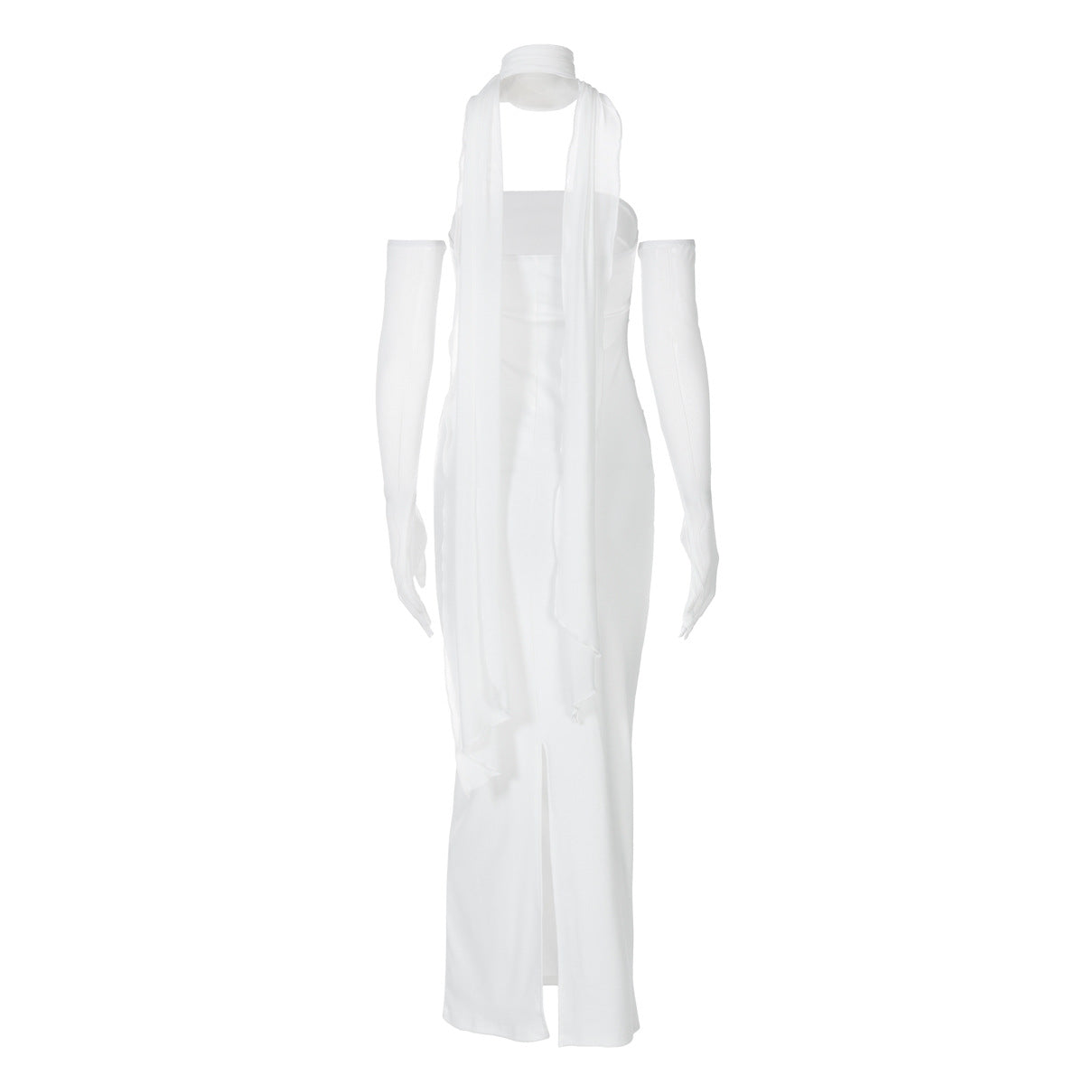Halter Neck Strapless Maxi Dress - Open Back Mesh Glove Column Gown