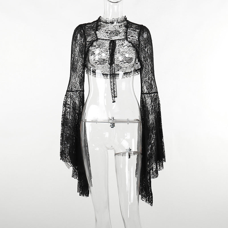 Black Lace Cropped Top - Dramatic Flared Sleeve Shrug