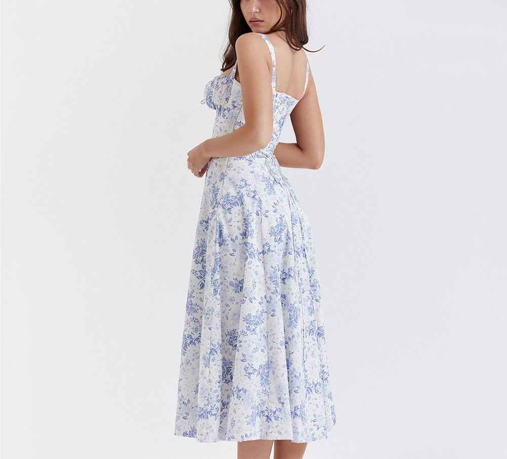 Corset Lace-Up Back Midi Dress - Wide Strap Side Slit