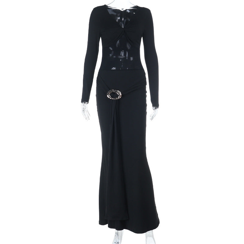 Black Mesh Maxi Dress - Long Sleeve V-Neck Evening Gown - Fashions Envy