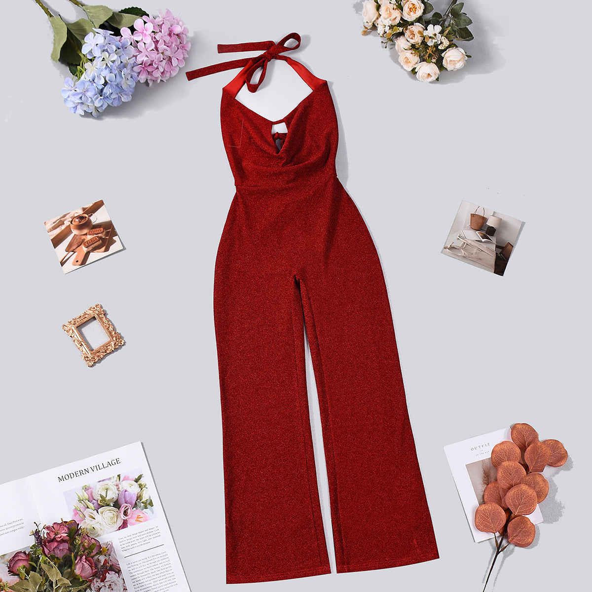 Red Halter Tie Backless Jumpsuit - Deep V Keyhole Wide Leg Flare