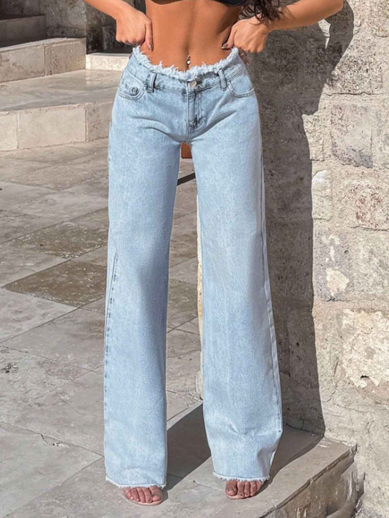 New Women's High-quality Low-rise Frayed Hem Loose Straight Leg Denim Wide-leg Pants, Fashionable And Versatile, Suitable For All Seasons.