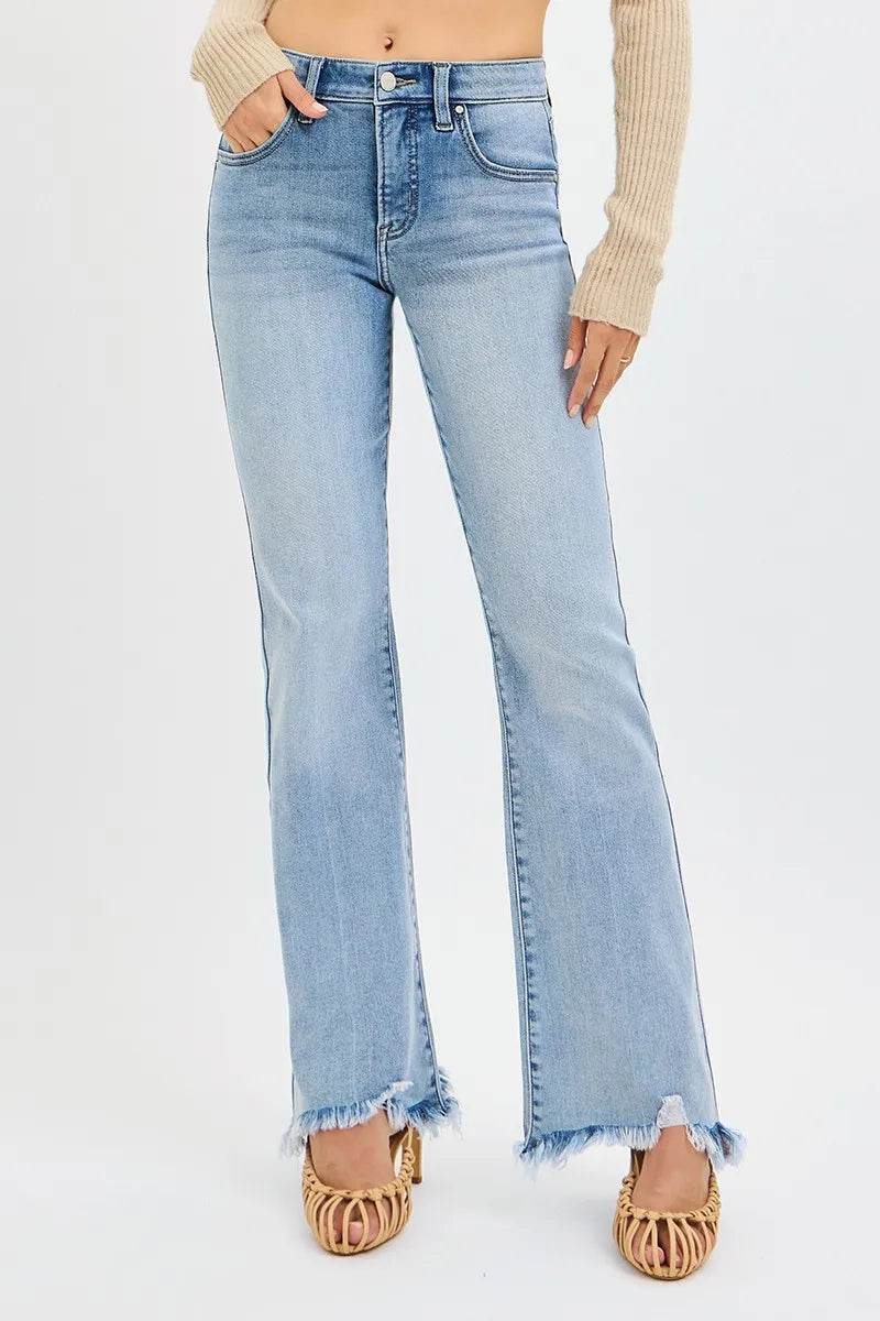 RISEN Full Size Tummy Control Mid Rise Flare Jeans with Fray Hem Detailed Plus Size - Fashions Envy