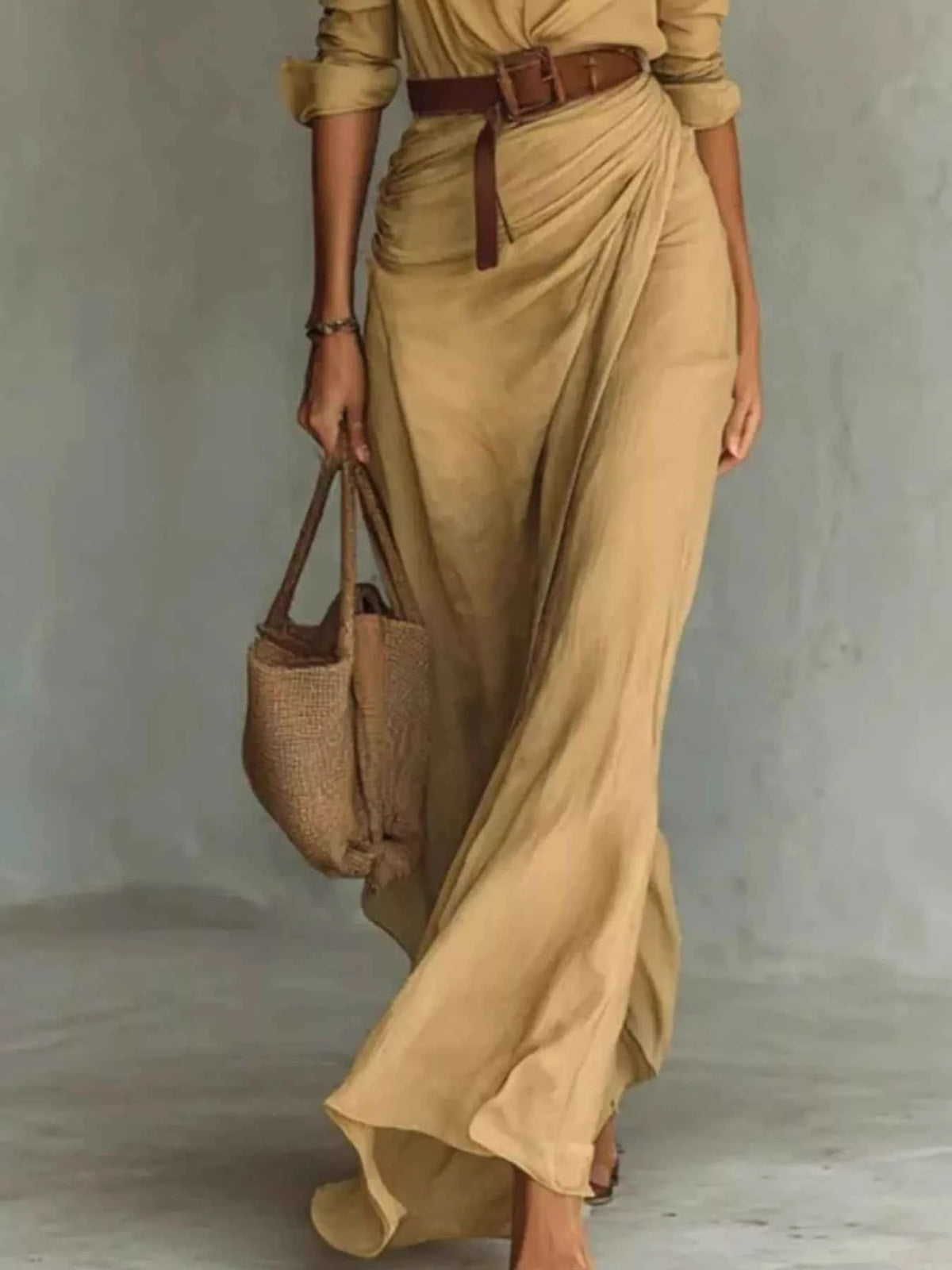 Button Front Belted Shirt Maxi Dress - Deep V Collar