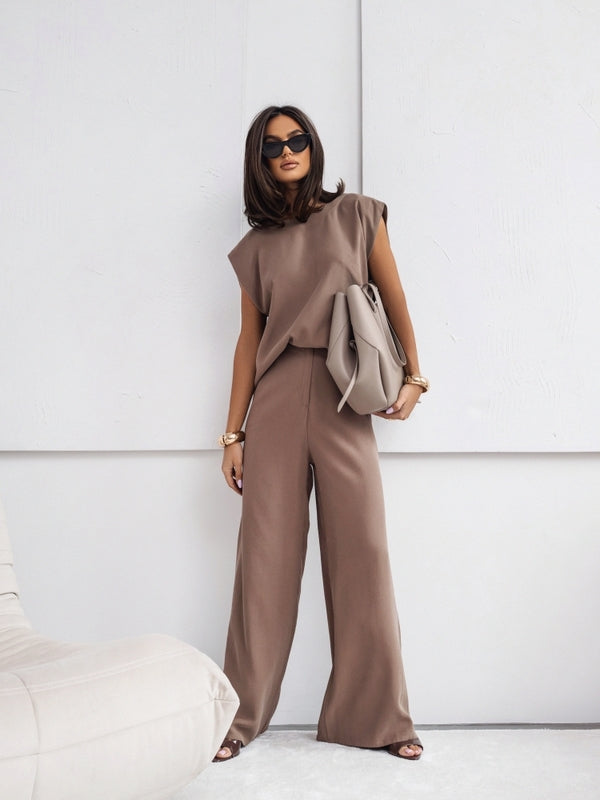Wide-Leg Pants and Top Set - Crew Neck and Cap Sleeves