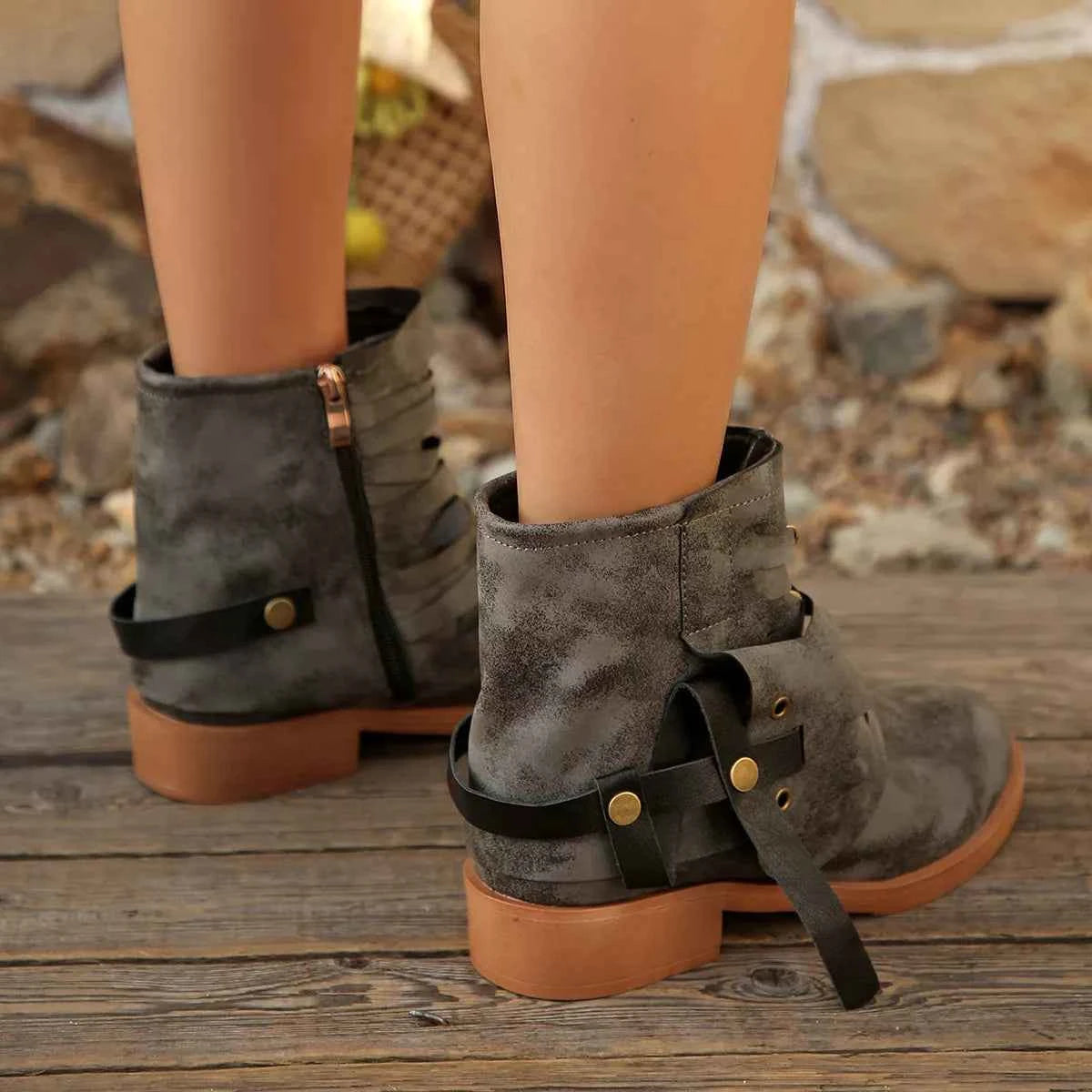 Multi-Strap Buckle Ankle Boot - Zipper Hardware Detail