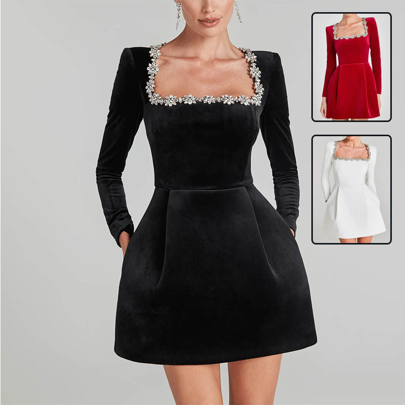 Rhinestone Flower Dress - Square Neck Party Mini